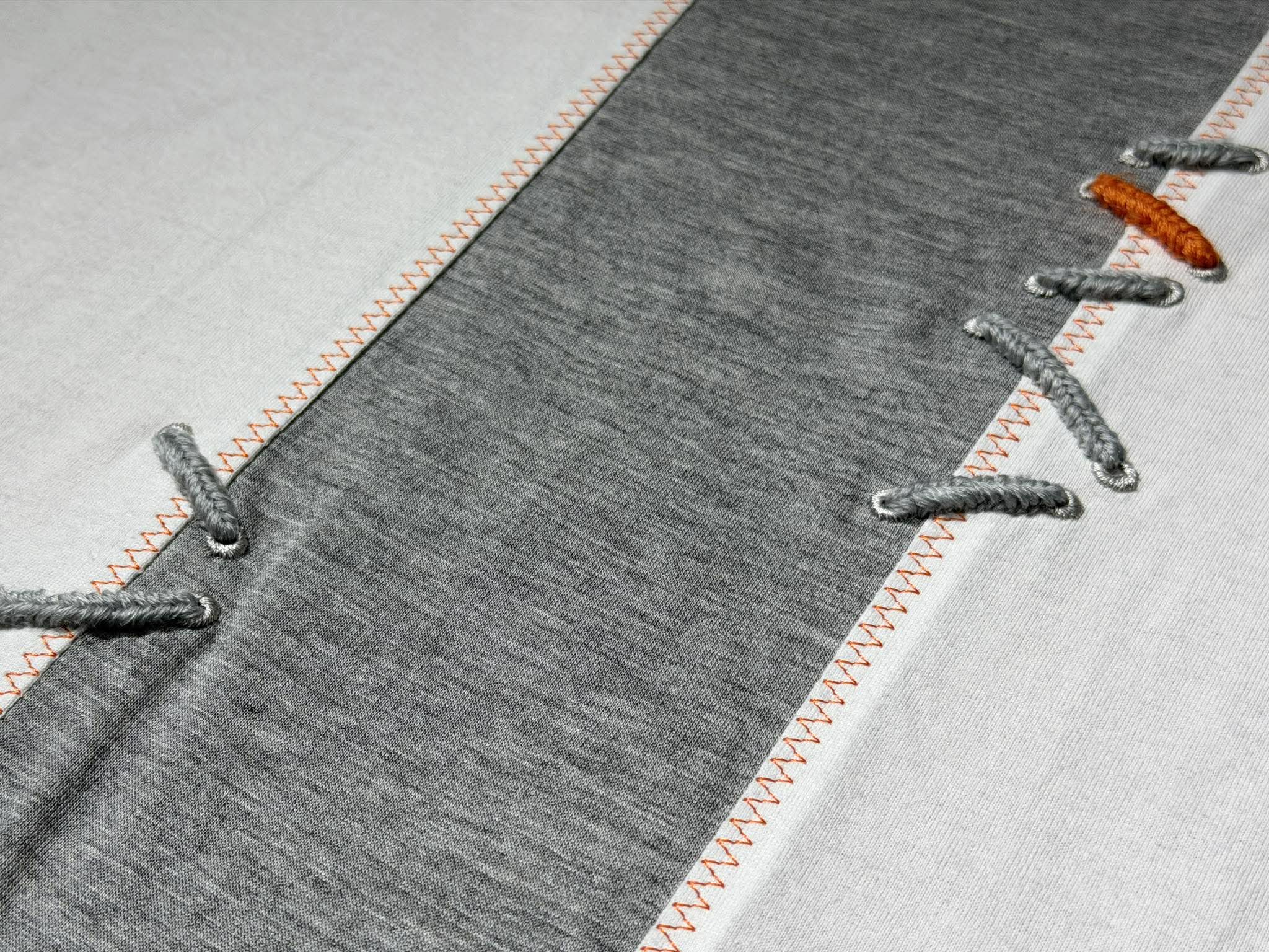 生地の切り替えを跨ぐコード刺繍